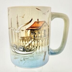 Vintage Otagiri Hand Painted Mug Seaside Harbor Seagull Boats Japan Coffee Cup E